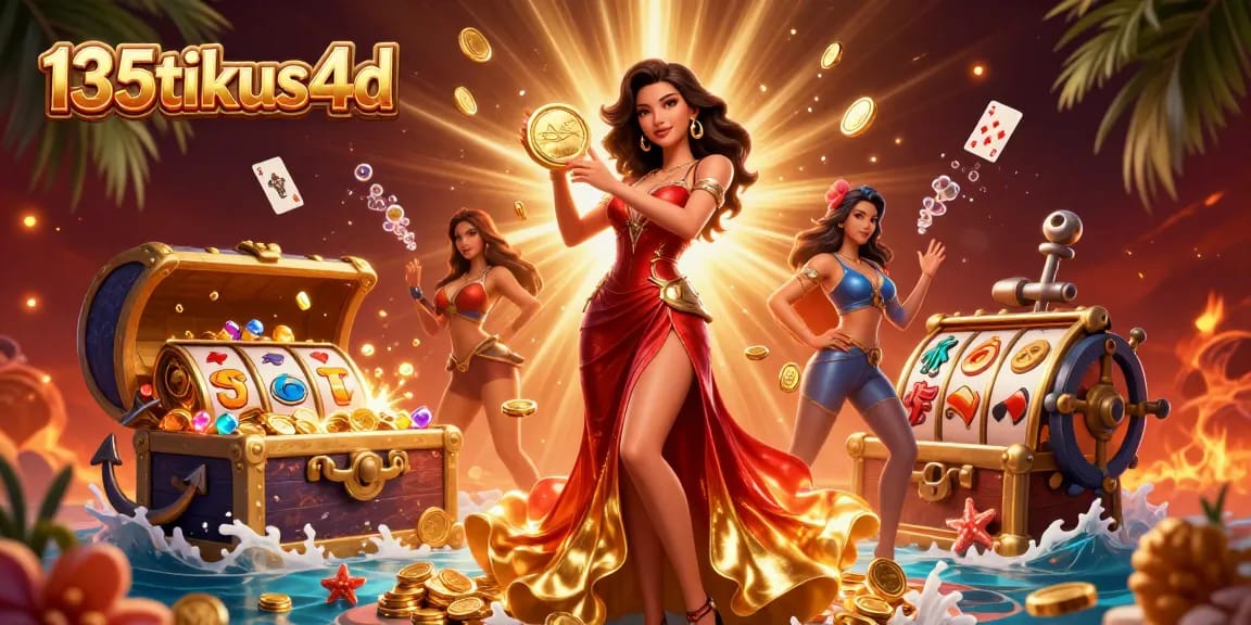 Experience thrilling gaming with 135tikus4d, featuring a stunning Asian woman and slot reels.