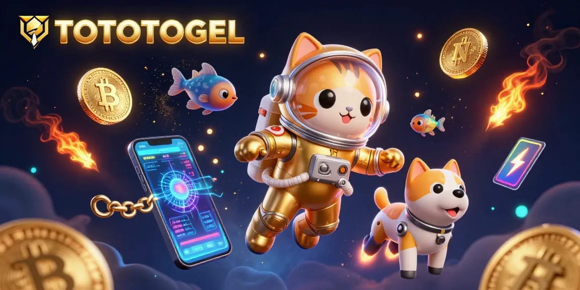 Experience exhilarating gameplay on TOTOTOGEL with a vibrant 3D illustration of astronauts, crypto elements, and game symbols.