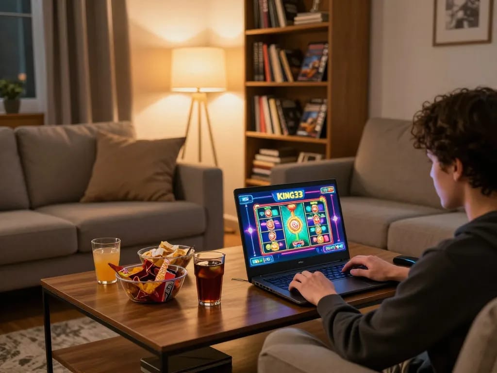 Player enjoying king33 slot games on a laptop at home, surrounded by snacks in a cozy atmosphere
