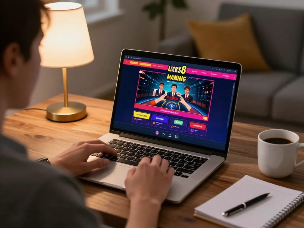 Playing a casino game on lucks8 platform in cozy home setting with strategic notes