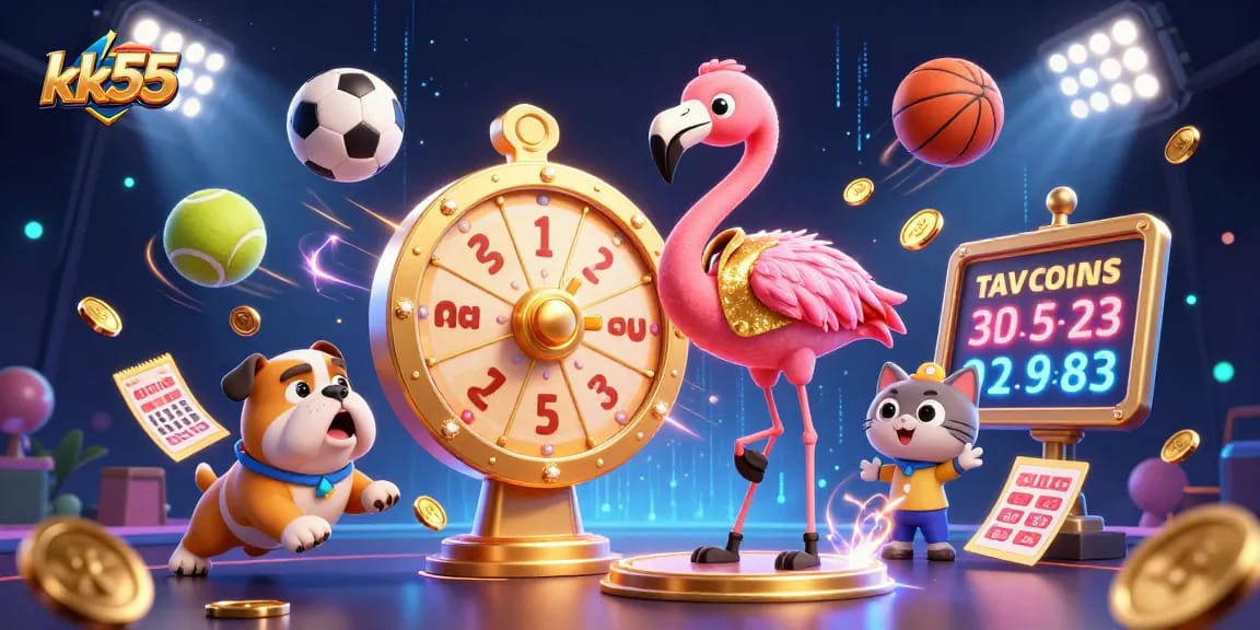 Engage with kk55 as a game show host spins the prize wheel amidst vibrant betting action.