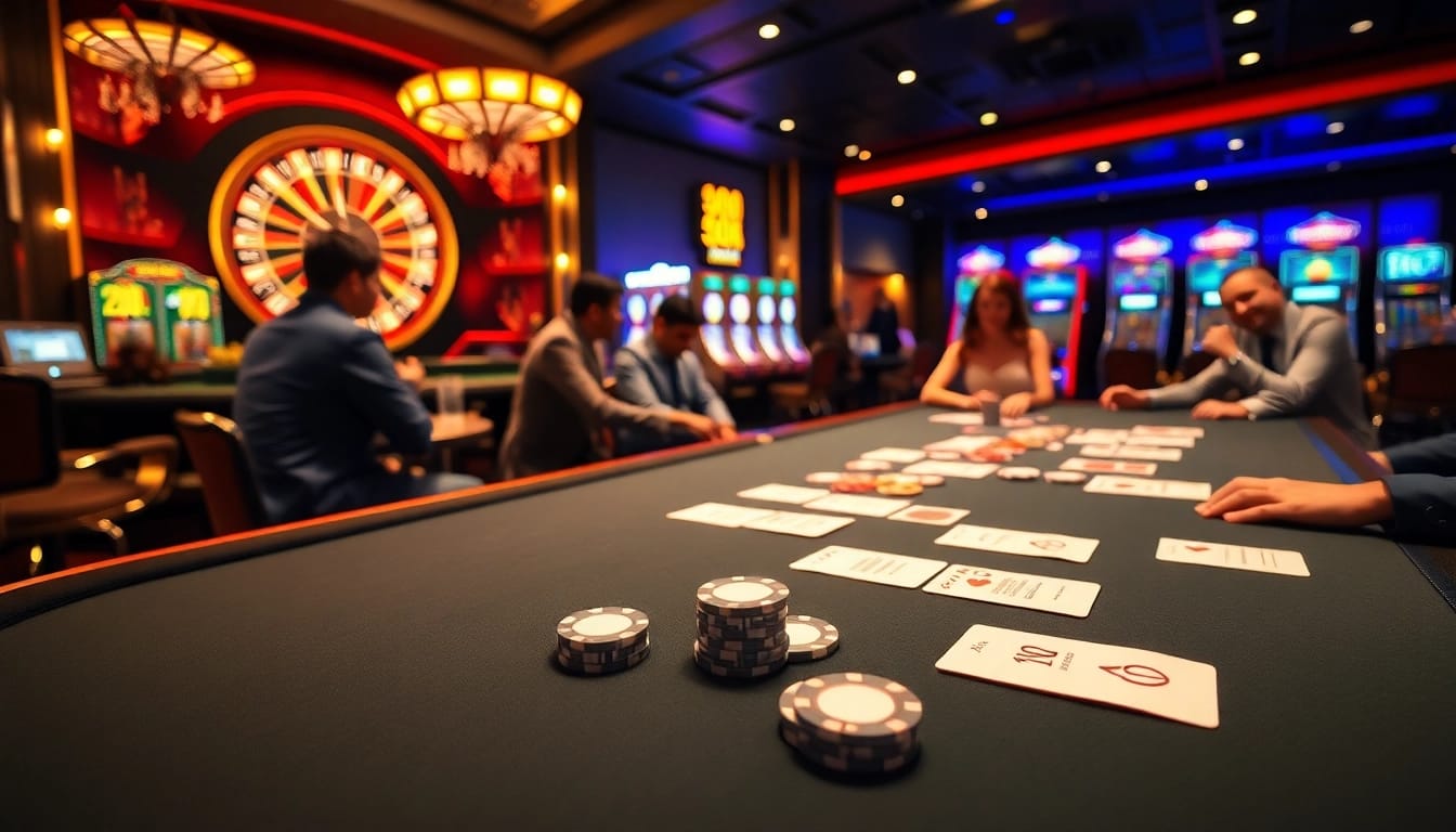 Exciting gaming experience at 99ok casino with poker table, chips, and roulette.