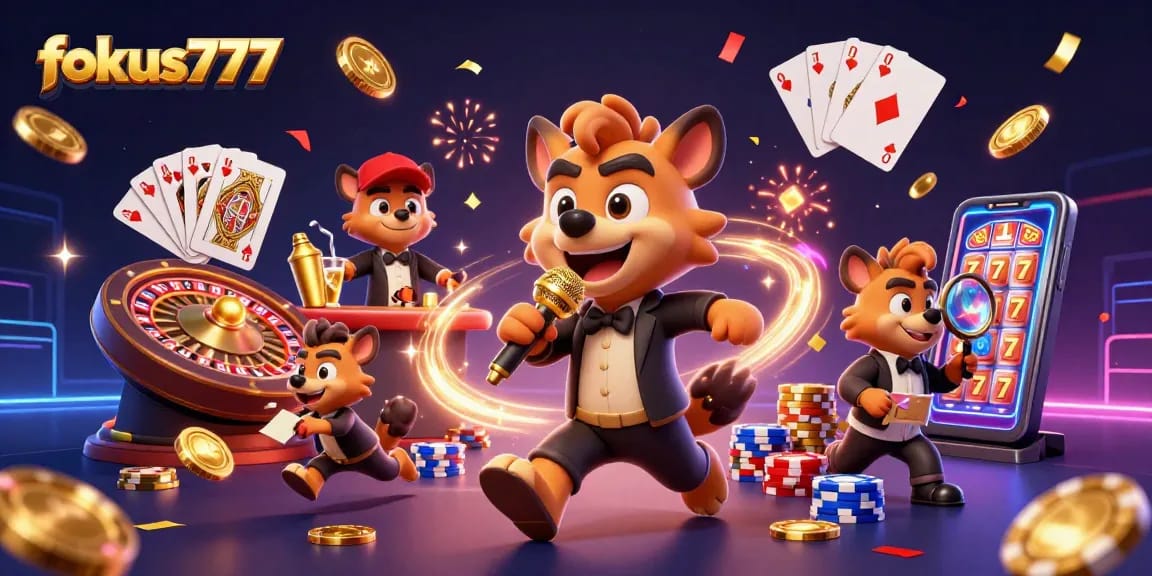 Experience excitement and gameplay with fokus777's thrilling online casino scene featuring hyena characters.
