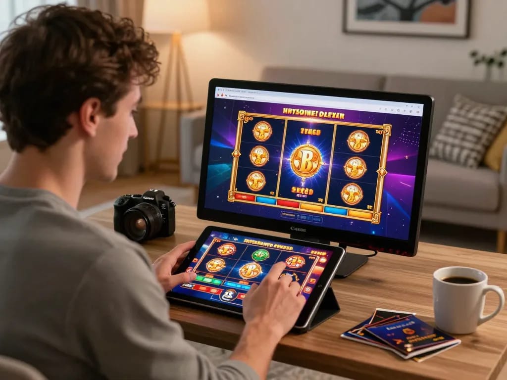 Excited player enjoying slots on aa88i's online casino platform on a tablet from home.