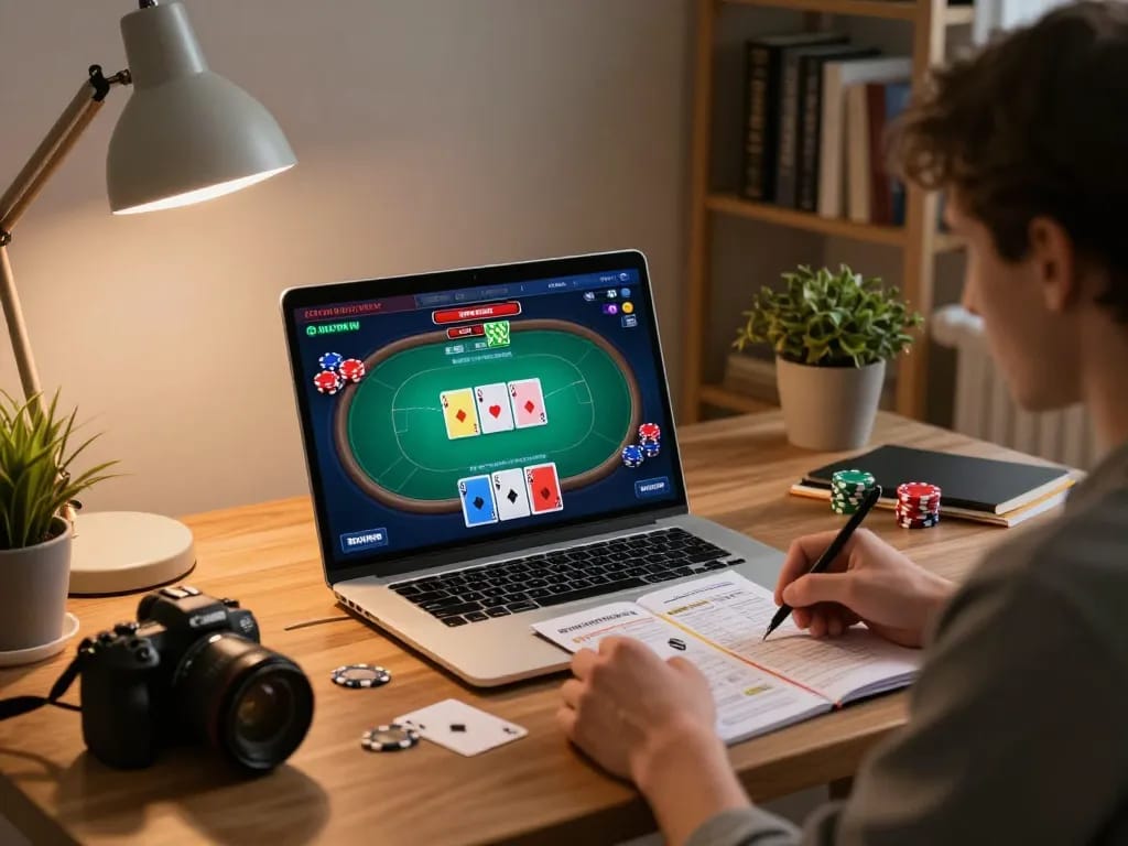 Player engaging in a poker game on a laptop at home illustrates fly 88 strategic gameplay environment.