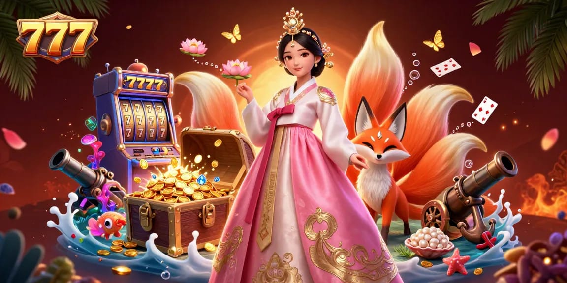 Experience winning thrills with the vibrant 777 casino scene featuring a charming Asian woman and lucky fox.