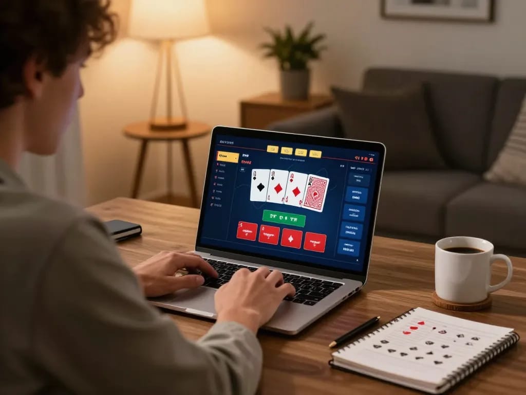 Engage with hello88 poker gameplay on a laptop in a cozy home office.