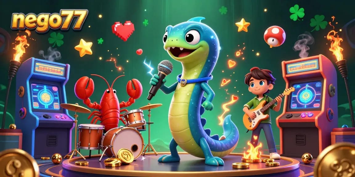 Nego77 electrifies with a DJ eel, lobster drummer, and seahorse guitarist on a vibrant underwater casino stage.