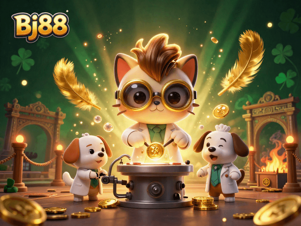Bj88 gamblers cheer as the mad scientist cat creates winning strategies with gold coins.