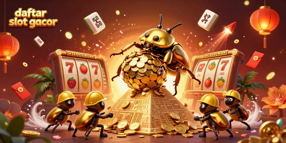 Experience daftar slot gacor excitement with a golden beetle and casino symbols in a vibrant scene