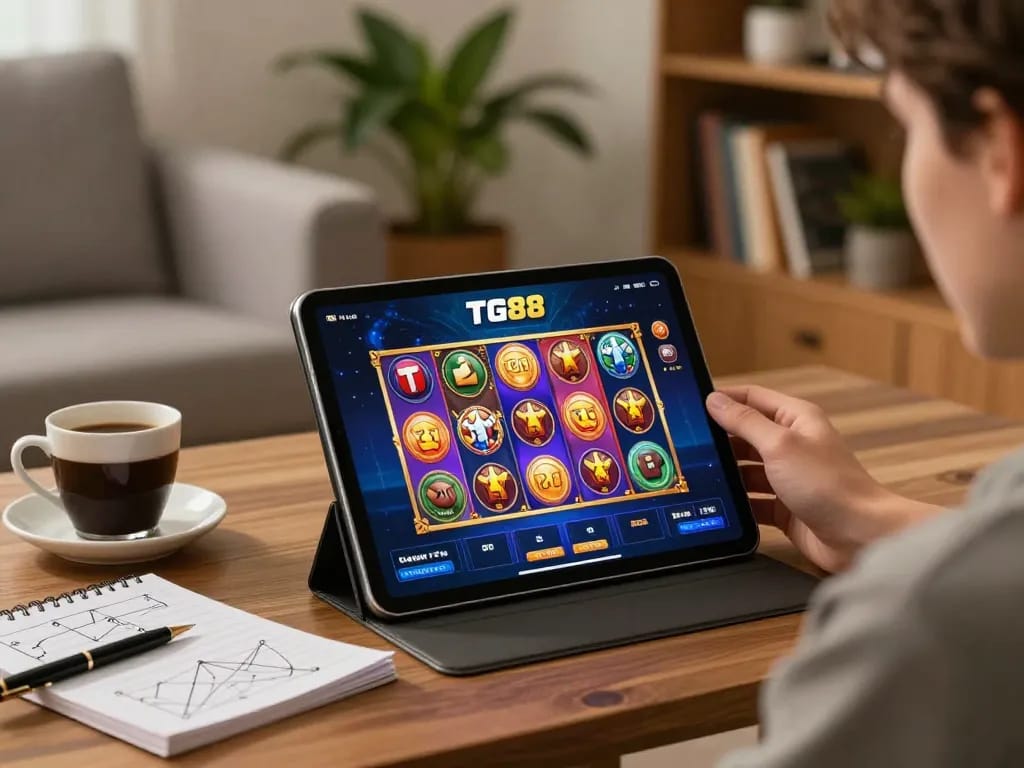 Player engaging with the TG88 casino app on tablet, placing bets and enjoying a vibrant gaming experience.