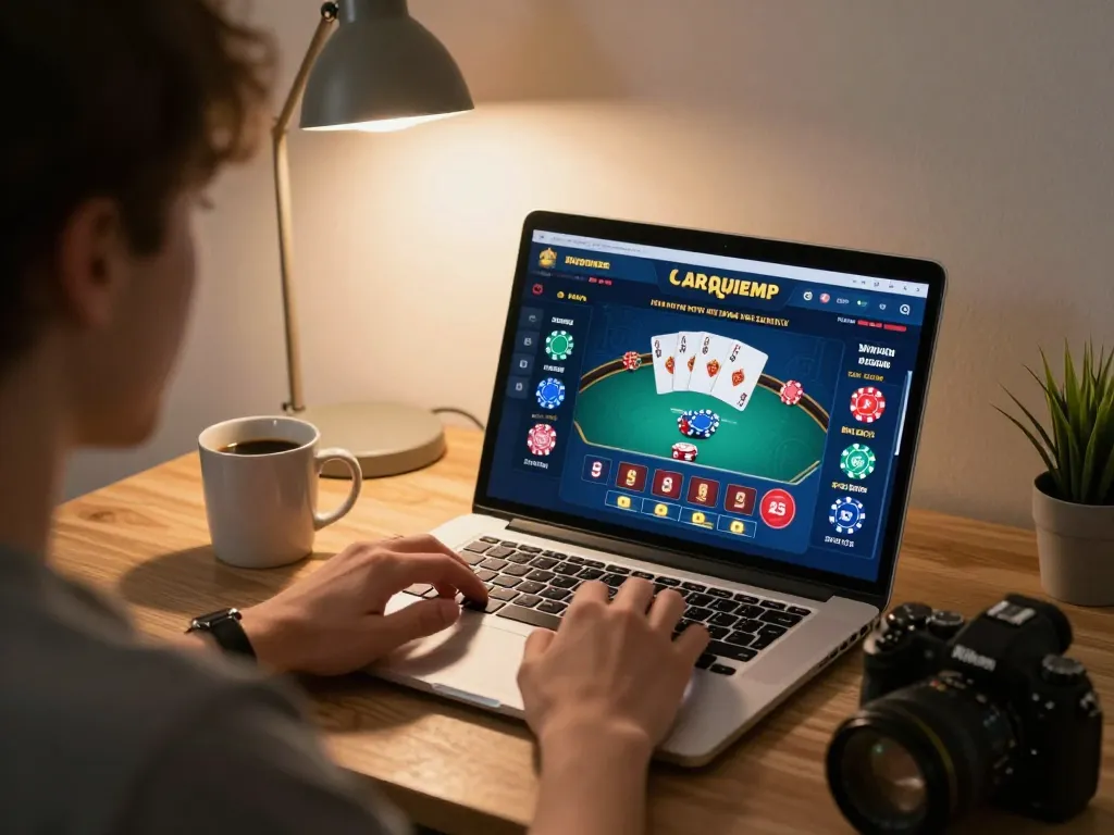 Seorang pemain berinteraksi dengan kasino online aman788 di laptop, menampilkan permainan poker yang mendebarkan dalam suasana nyaman