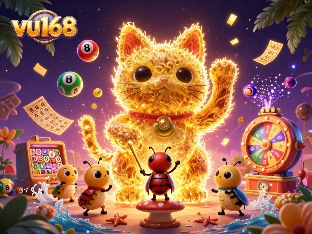 Experience the vibrant world of casino and betting with vu168, featuring a lively lucky cat and dynamic game elements.