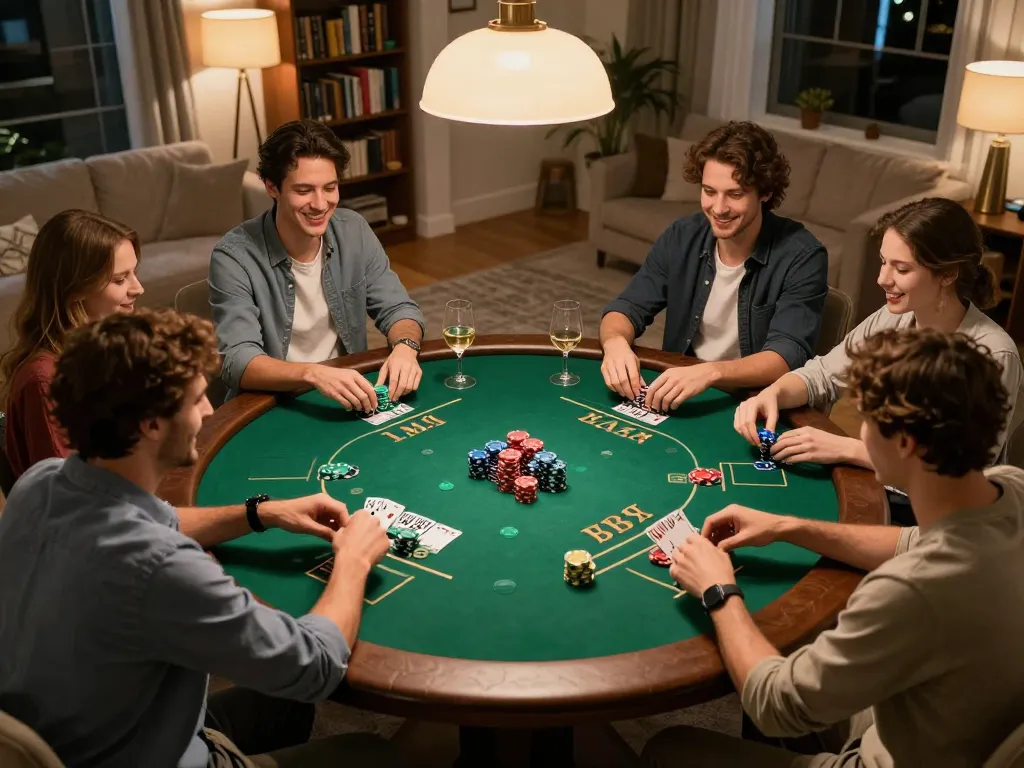 Friends engaging in an exciting game of Texas Hold'em poker at home with 32win strategy.