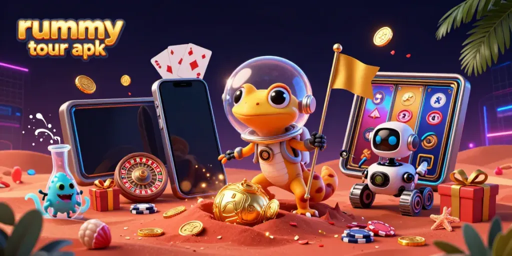 Gambaran rummy tour apk dengan gecko Mars dan elemen kasino berwarna-warni