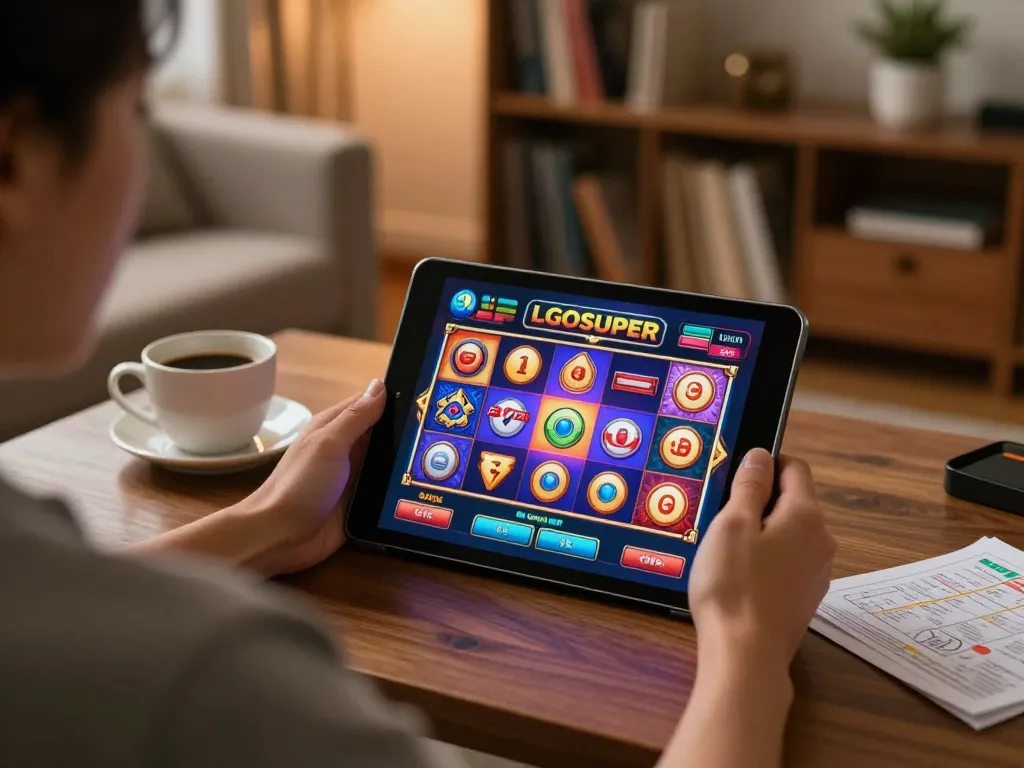 Engaging player enjoying LGOSUPER's exciting online slot game from cozy home setup with a tablet.