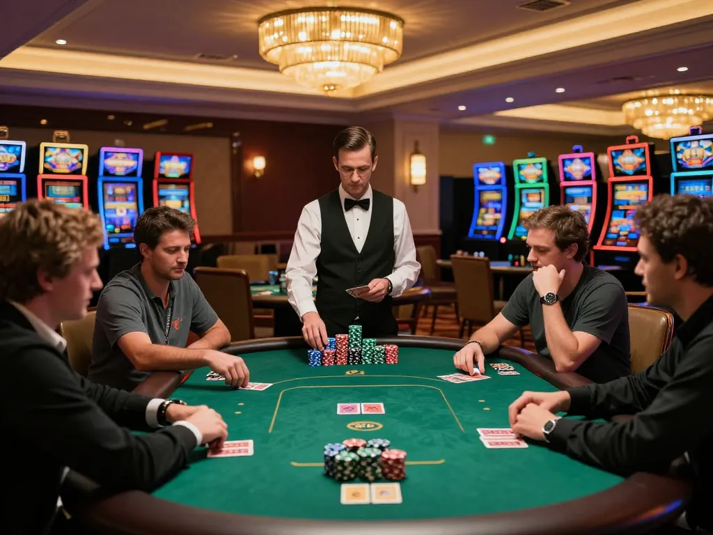 Players strategizing at a poker table in dh88 casino, showcasing high-stakes action and elegant atmosphere