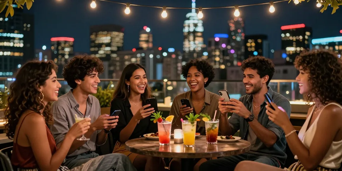 NSFW nightlife gathering at a rooftop bar with vibrant cocktails and city skyline.