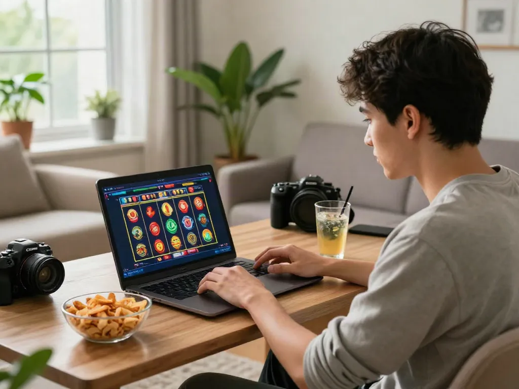 Engaged player enjoying SLOT TOTO on laptop in cozy living room.