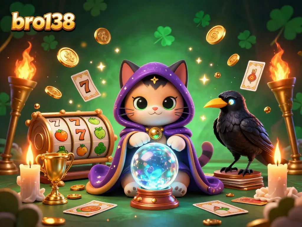 Engage with bro138 by spinning vibrant slot reels amidst mystical characters in an enchanting casino atmosphere.