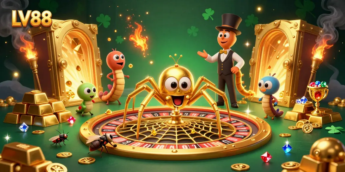 Experience high-stakes gaming at LV88 with a golden spider spinning a roulette web and vibrant treasures.