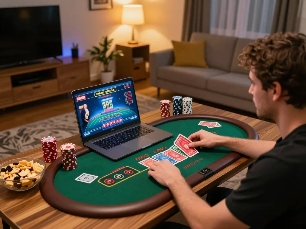 Player enjoying situs gacor gameplay at home on laptop, showcasing online casino excitement and strategy