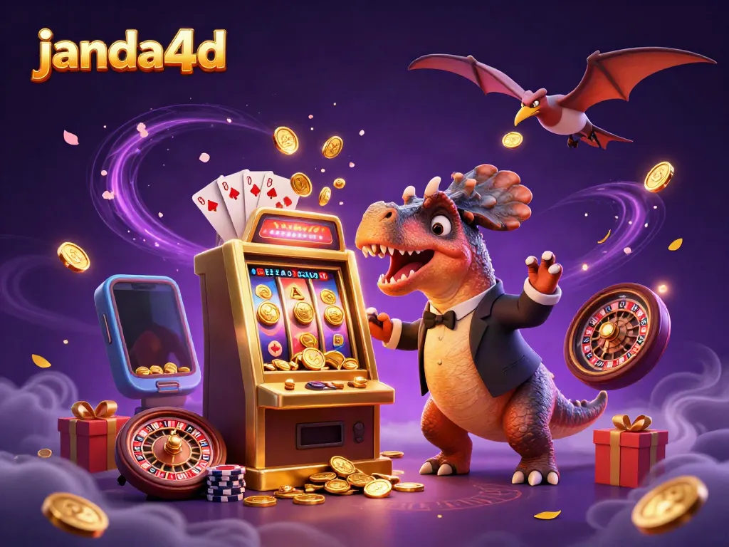 Menangkan jackpot di janda4d dengan karakter dino lucu dan mesin slot emas.