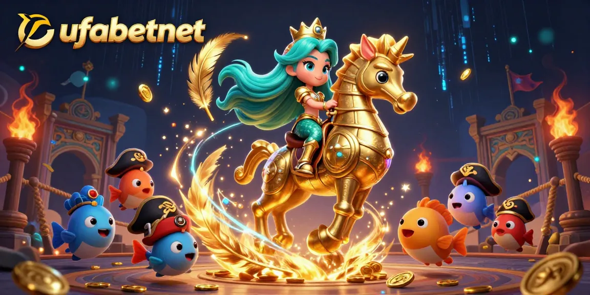 Experience the excitement of ufabetnet with a vibrant mermaid princess and seahorse in an epic casino-themed scene.