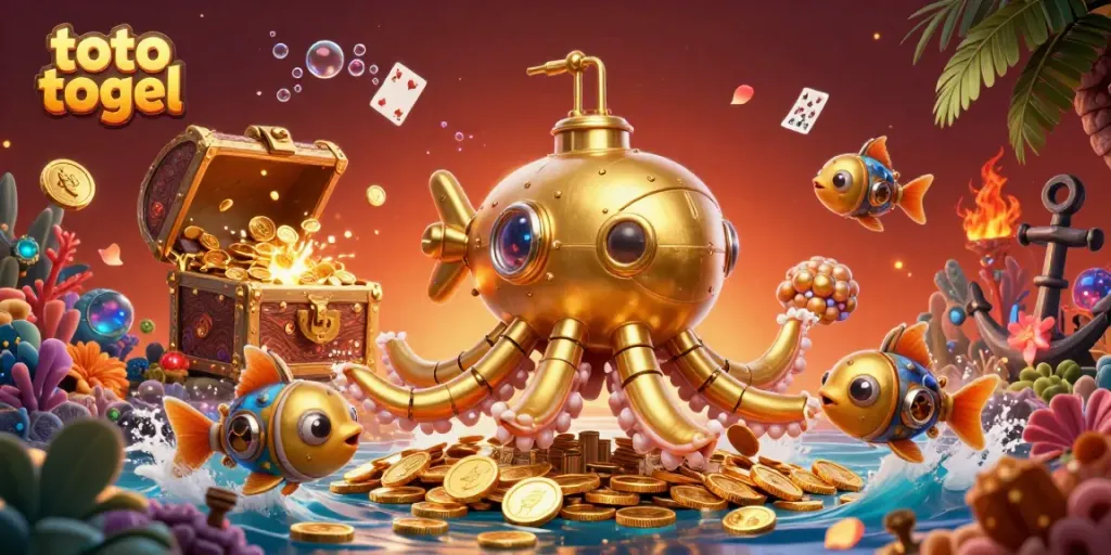 Experience thrilling toto togel gameplay with a golden kraken submarine in a sea of coins.