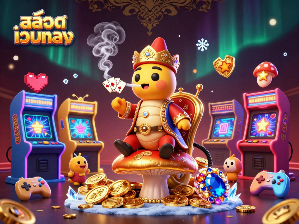 Engage with สล็อตเว็บตรง through a vibrant 3D illustration showcasing a whimsical gaming world filled with casino elements.