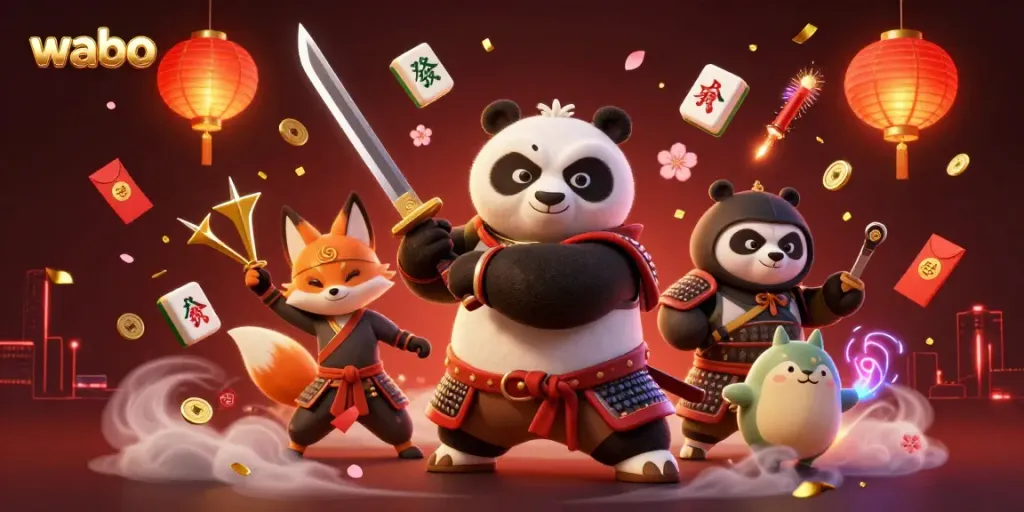Engage in exciting gameplay with Wabo's vibrant casino-themed illustration featuring a samurai panda and ninja fox.
