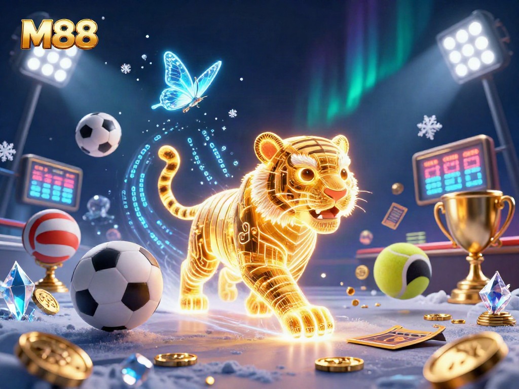 M88 illustrates excitement at a digital casino, showcasing vibrant sports elements and a golden tiger.