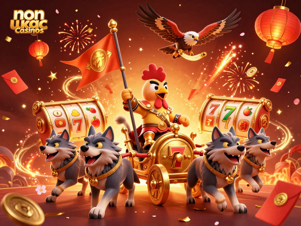Experience excitement at non ukgc casinos with a vibrant 3D illustration of a rooster warlord and dynamic casino elements.