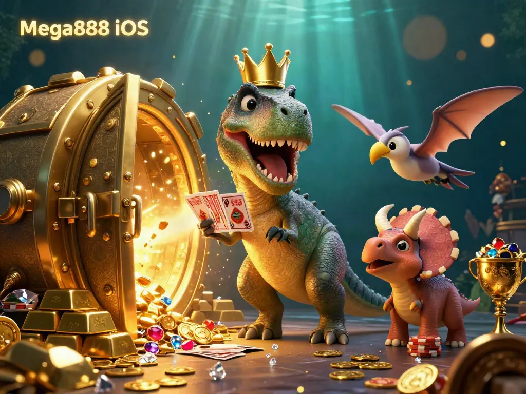 Engage with Mega888 iOS in this vibrant scene of a T-Rex and friends playing cards in a treasure-filled casino.