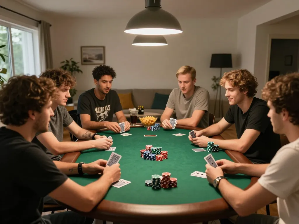 Pemain situs togel menikmati malam poker yang meriah bersama teman-teman, dengan kartu dan cip dalam aksi