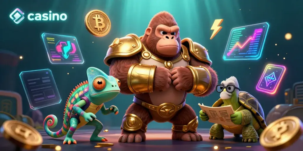Experience the excitement of casino gaming as a gorilla king and companions celebrate amidst neon crypto highlights.