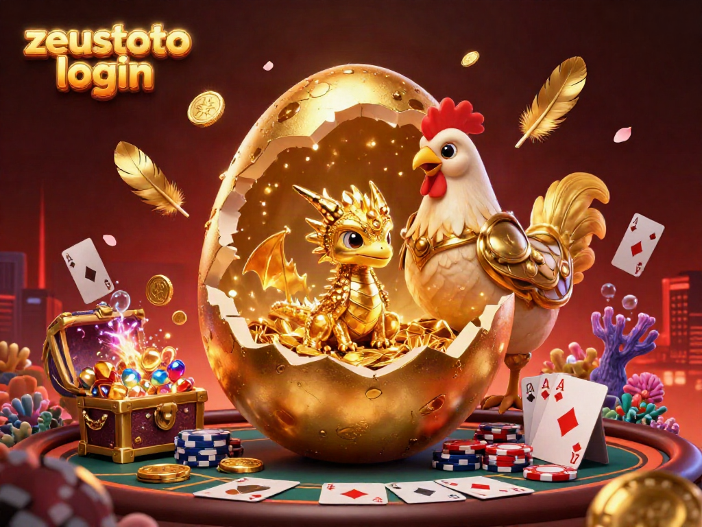 Experience the thrill of zeustoto login with a vibrant illustration featuring dragons, chips, and poker elements.