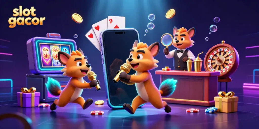 Engage with slot gacor in a vibrant casino scene featuring hyenas entertaining as a comedian, bartender, and bouncer.