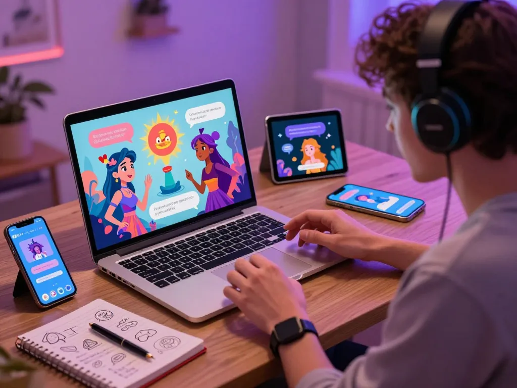 Engaged user in vibrant NSFW AI sex chat on a laptop, showcasing colorful fantasy characters.