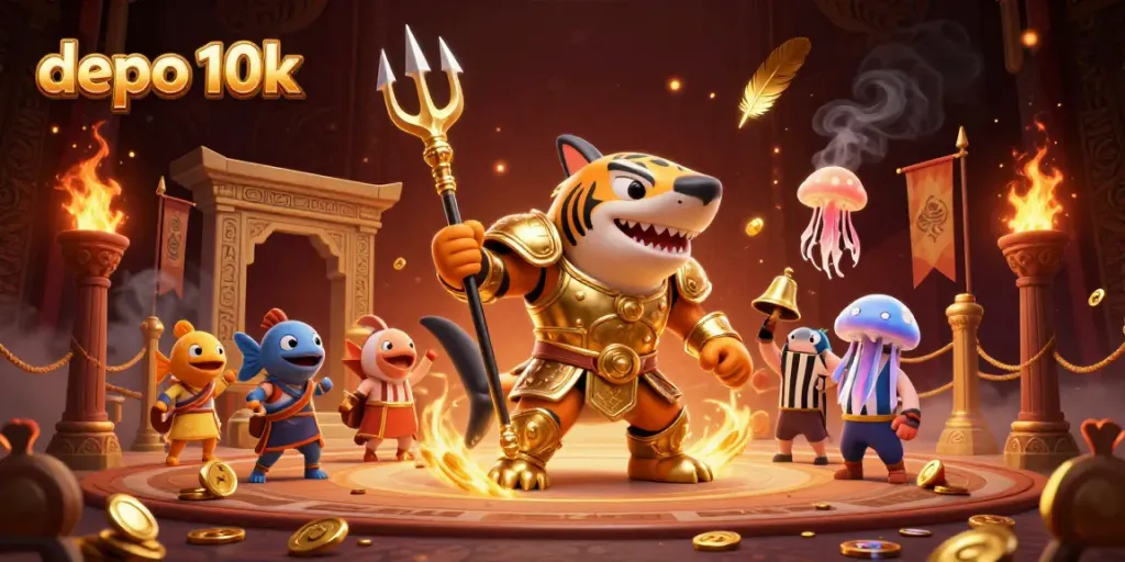 Gambarkan aktifitas bertaruh dalam jackpot dengan depo 10k berupa hiu kartun 3D berarmor gladiator emas dan ikan ber toga.