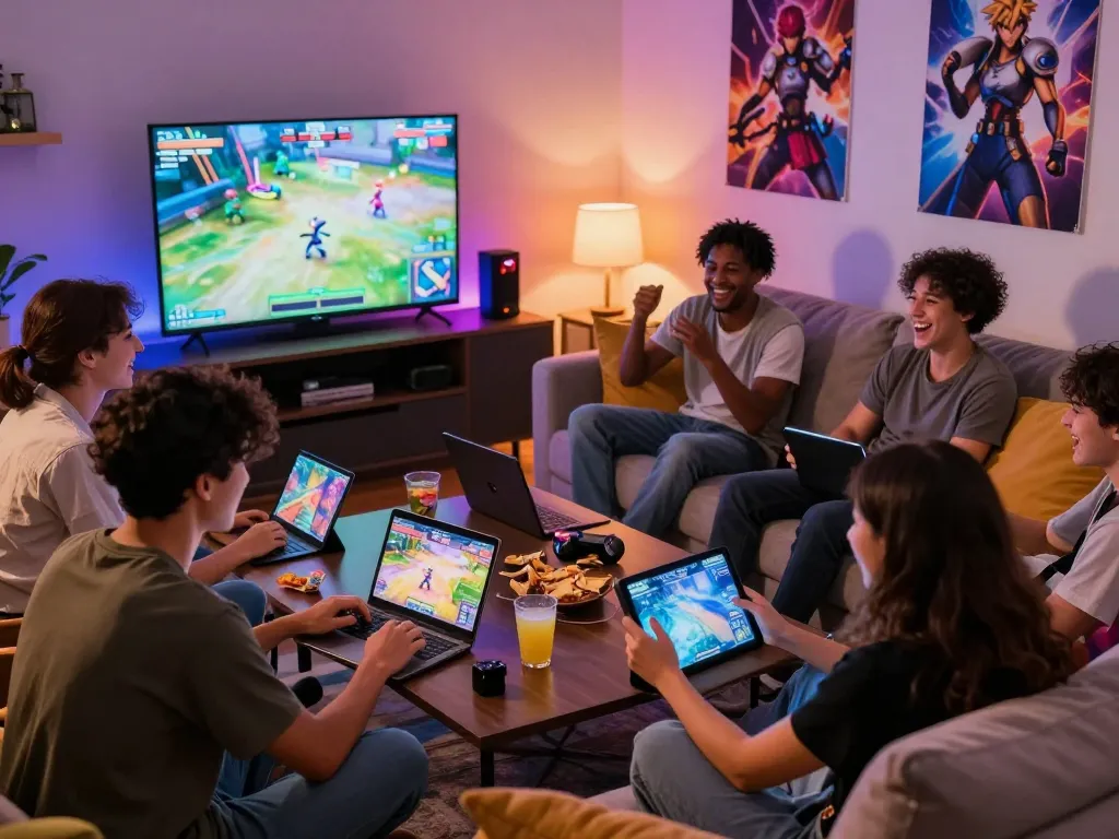 Friends enjoying porngames on various devices in a cozy gaming scene