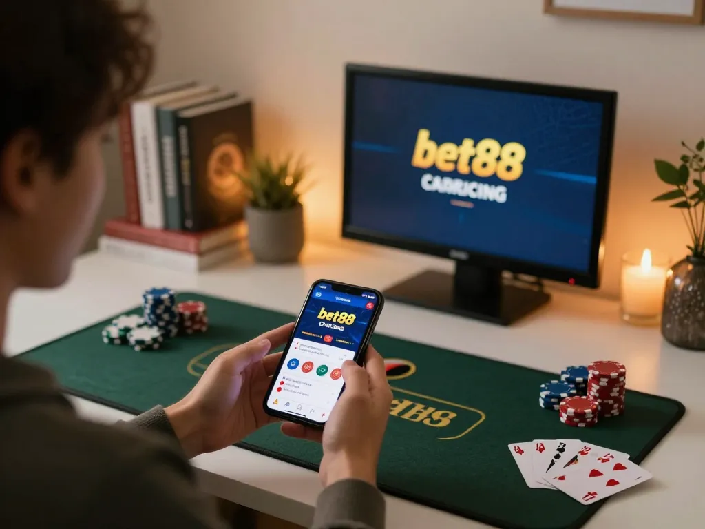 Engaged player exploring the bet88 casino app on smartphone in a stylish home setting