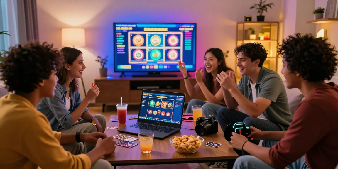 Excited friends enjoying gameplay at a credit card casino in a vibrant living room setting.