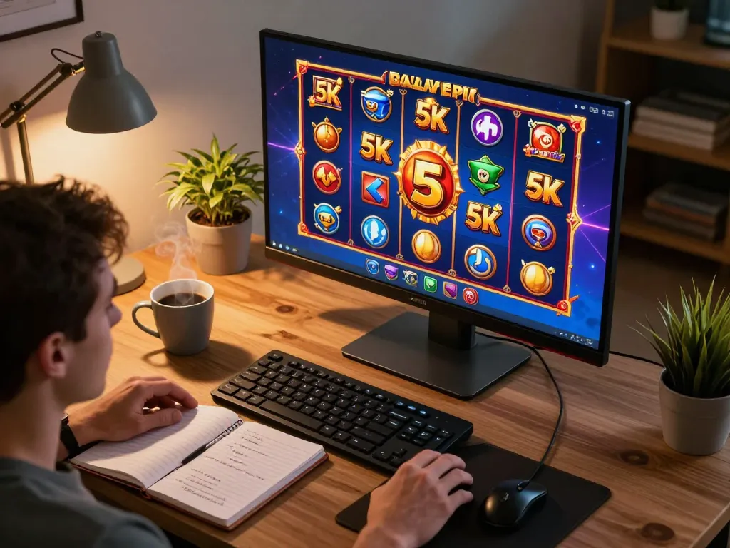 Player engaged in slot 5k gaming session at home, focusing on vibrant online slots and gaming strategies.