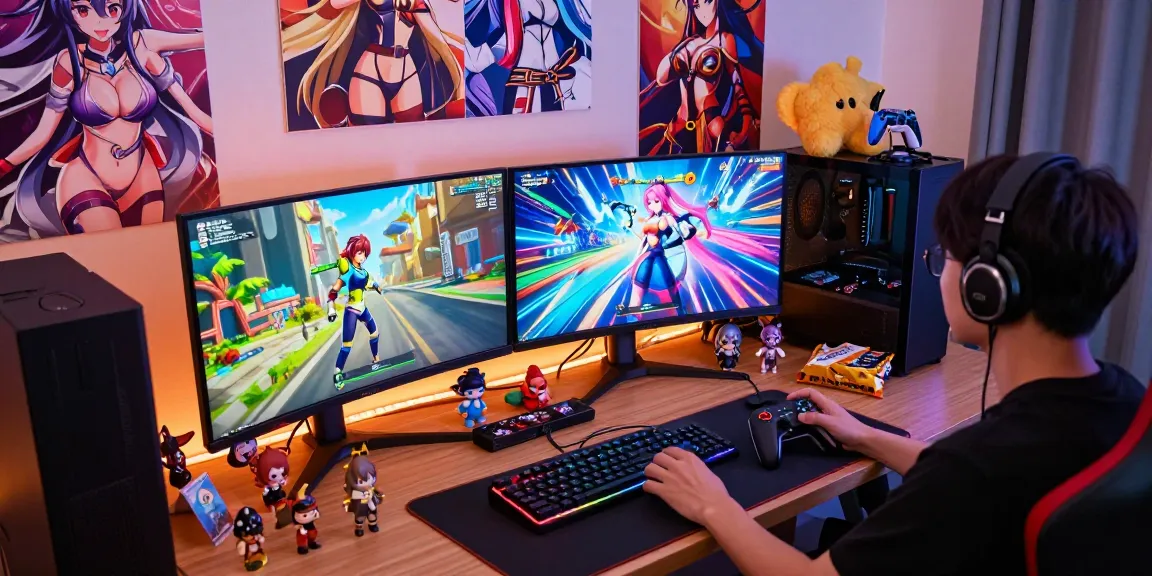 Engaging gameplay scene featuring various hentai games on multiple screens, showcasing vibrant graphics and a dynamic setup.