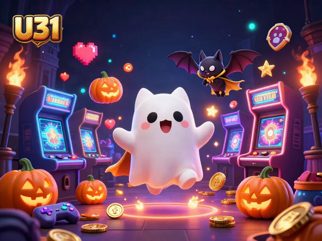 Play exciting games at U31, where the ghost cat and bat lead the adventure in a vibrant casino.