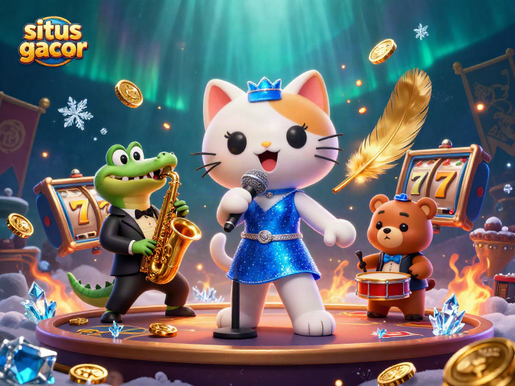 Experience the vibrant atmosphere of situs gacor with lively characters and dynamic casino elements in this 3D illustration.