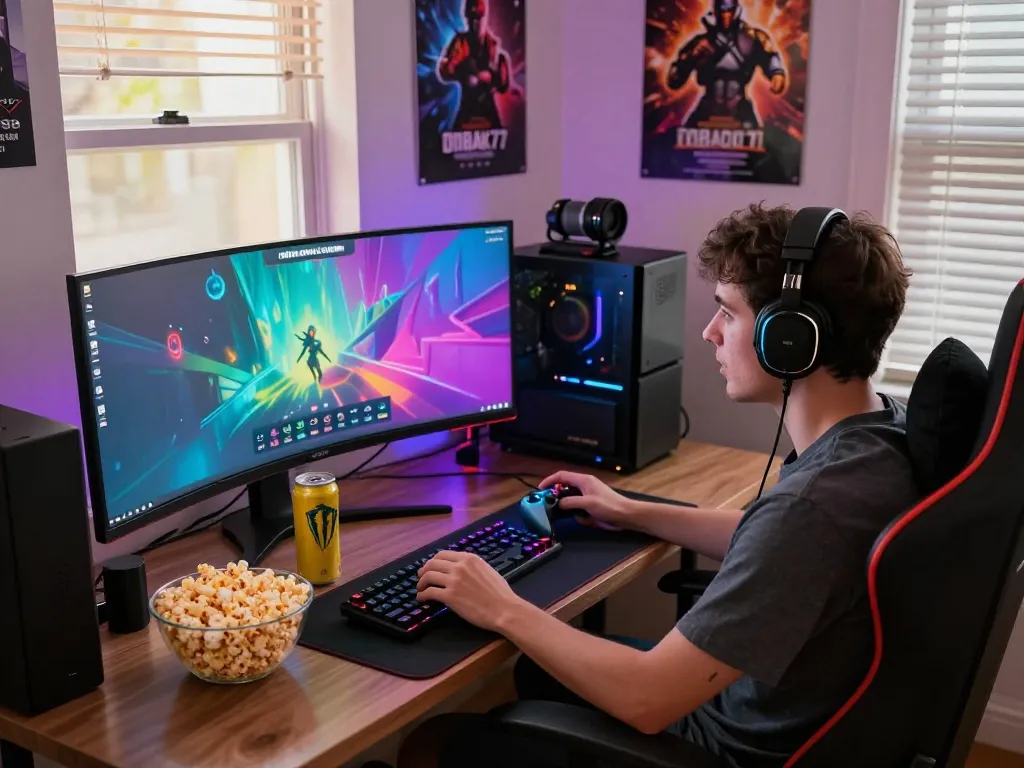 Player engaged in OMBAK77 on https://www.saigoncafesterling.com/menus, showcasing a vibrant gaming setup with colorful lights and snacks.