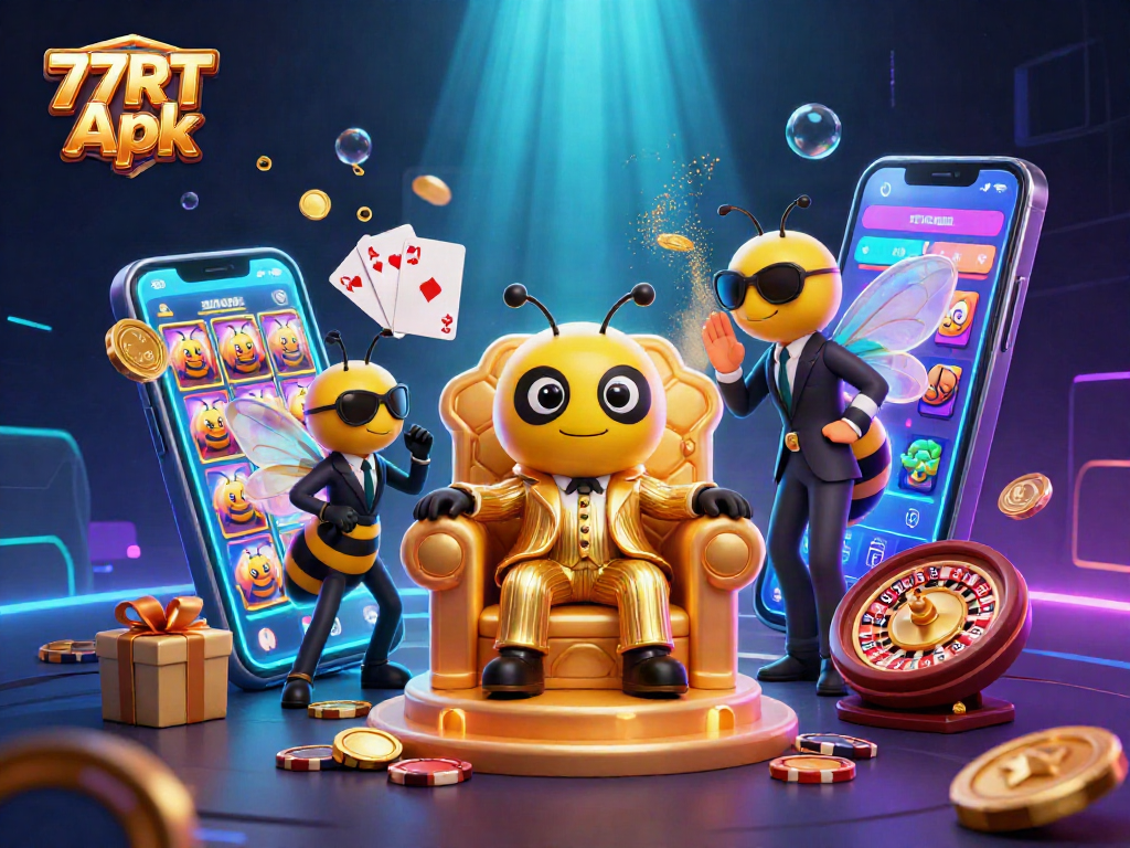 Engage in the excitement of 77RT Apk with dynamic casino game elements and vibrant characters.