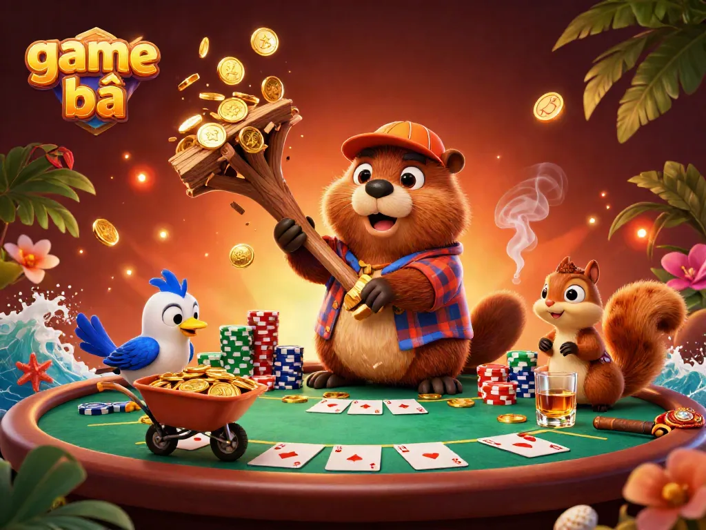 Experience exhilarating game bài excitement as cartoon characters interact at a dynamic poker table.